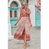 imagePRETTYGARDEN Women Boho Summer Side Split Deep V Neck Short Sleeves Maxi Dress with BeltFloral Orange Red