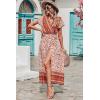 imagePRETTYGARDEN Women Boho Summer Side Split Deep V Neck Short Sleeves Maxi Dress with BeltFloral Orange Red