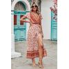 imagePRETTYGARDEN Women Boho Summer Side Split Deep V Neck Short Sleeves Maxi Dress with BeltFloral Orange Red
