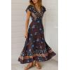 imagePRETTYGARDEN Women Boho Summer Side Split Deep V Neck Short Sleeves Maxi Dress with BeltNavy