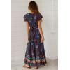 imagePRETTYGARDEN Women Boho Summer Side Split Deep V Neck Short Sleeves Maxi Dress with BeltNavy