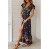 imagePRETTYGARDEN Women Boho Summer Side Split Deep V Neck Short Sleeves Maxi Dress with BeltNavy