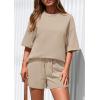 imagePRETTYGARDEN Womens 2 Piece Lounge Sets 2025 Summer Short Sleeve Tunic Tops Drawstring Shorts Matching Outfits TracksuitsBeige