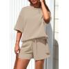 imagePRETTYGARDEN Womens 2 Piece Lounge Sets 2025 Summer Short Sleeve Tunic Tops Drawstring Shorts Matching Outfits TracksuitsBeige