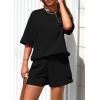 imagePRETTYGARDEN Womens 2 Piece Lounge Sets 2025 Summer Short Sleeve Tunic Tops Drawstring Shorts Matching Outfits TracksuitsBlack