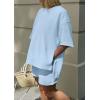 imagePRETTYGARDEN Womens 2 Piece Lounge Sets 2025 Summer Short Sleeve Tunic Tops Drawstring Shorts Matching Outfits TracksuitsLight Blue