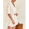 imagePRETTYGARDEN Womens 2 Piece Shorts Sets Casual Summer 2025 Short Sleeve Striped Sweater Set Matching Beach Vacation OutfitApricot