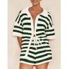 imagePRETTYGARDEN Womens 2 Piece Shorts Sets Casual Summer 2025 Short Sleeve Striped Sweater Set Matching Beach Vacation OutfitDark Green
