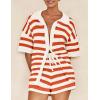 imagePRETTYGARDEN Womens 2 Piece Shorts Sets Casual Summer 2025 Short Sleeve Striped Sweater Set Matching Beach Vacation OutfitOrange