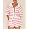 imagePRETTYGARDEN Womens 2 Piece Shorts Sets Casual Summer 2025 Short Sleeve Striped Sweater Set Matching Beach Vacation OutfitPink