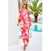 imagePRETTYGARDEN Womens Bodycon Maxi Dress Fall Spring Fashion Long Sleeve Floral Print Tight Fitted Party Club Ruched DressesLight Orange