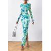 imagePRETTYGARDEN Womens Bodycon Maxi Dress Fall Spring Fashion Long Sleeve Floral Print Tight Fitted Party Club Ruched DressesPrint Blue