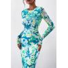 imagePRETTYGARDEN Womens Bodycon Maxi Dress Fall Spring Fashion Long Sleeve Floral Print Tight Fitted Party Club Ruched DressesPrint Blue