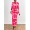 imagePRETTYGARDEN Womens Bodycon Maxi Dress Fall Spring Fashion Long Sleeve Floral Print Tight Fitted Party Club Ruched DressesPrint Pink