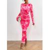 imagePRETTYGARDEN Womens Bodycon Maxi Dress Fall Spring Fashion Long Sleeve Floral Print Tight Fitted Party Club Ruched DressesPrint Pink