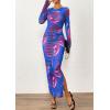 imagePRETTYGARDEN Womens Bodycon Maxi Dress Fall Spring Fashion Long Sleeve Floral Print Tight Fitted Party Club Ruched DressesPurple Blue