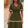imagePRETTYGARDEN Womens Casual Summer Maxi Dress Short Sleeve Swiss Dot V Neck Smocked Long Flowy Beach DressesArmy Green