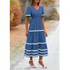 imagePRETTYGARDEN Womens Casual Summer Maxi Dress Short Sleeve Swiss Dot V Neck Smocked Long Flowy Beach DressesBlue