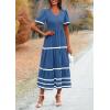 imagePRETTYGARDEN Womens Casual Summer Maxi Dress Short Sleeve Swiss Dot V Neck Smocked Long Flowy Beach DressesBlue