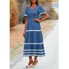 imagePRETTYGARDEN Womens Casual Summer Maxi Dress Short Sleeve Swiss Dot V Neck Smocked Long Flowy Beach DressesBlue