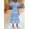 imagePRETTYGARDEN Womens Casual Summer Maxi Dress Short Sleeve Swiss Dot V Neck Smocked Long Flowy Beach DressesLight Blue