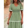 imagePRETTYGARDEN Womens Casual Summer Maxi Dress Short Sleeve Swiss Dot V Neck Smocked Long Flowy Beach DressesLight Green