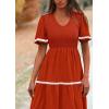imagePRETTYGARDEN Womens Casual Summer Maxi Dress Short Sleeve Swiss Dot V Neck Smocked Long Flowy Beach DressesOrange Red