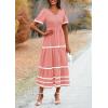 imagePRETTYGARDEN Womens Casual Summer Maxi Dress Short Sleeve Swiss Dot V Neck Smocked Long Flowy Beach DressesPink