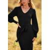 imagePRETTYGARDEN Womens Fall Knit Pullover Sweater Dress Elegant Long Lantern Sleeve V Neck Winter Maxi Bodycon DressesBlack