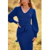 imagePRETTYGARDEN Womens Fall Knit Pullover Sweater Dress Elegant Long Lantern Sleeve V Neck Winter Maxi Bodycon DressesBlue