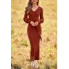 imagePRETTYGARDEN Womens Fall Knit Pullover Sweater Dress Elegant Long Lantern Sleeve V Neck Winter Maxi Bodycon DressesCaramel