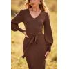 imagePRETTYGARDEN Womens Fall Knit Pullover Sweater Dress Elegant Long Lantern Sleeve V Neck Winter Maxi Bodycon DressesCoffee