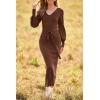imagePRETTYGARDEN Womens Fall Knit Pullover Sweater Dress Elegant Long Lantern Sleeve V Neck Winter Maxi Bodycon DressesCoffee