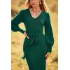 imagePRETTYGARDEN Womens Fall Knit Pullover Sweater Dress Elegant Long Lantern Sleeve V Neck Winter Maxi Bodycon DressesDark Green