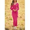 imagePRETTYGARDEN Womens Fall Knit Pullover Sweater Dress Elegant Long Lantern Sleeve V Neck Winter Maxi Bodycon DressesRose Red