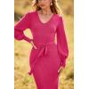 imagePRETTYGARDEN Womens Fall Knit Pullover Sweater Dress Elegant Long Lantern Sleeve V Neck Winter Maxi Bodycon DressesRose Red