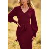 imagePRETTYGARDEN Womens Fall Knit Pullover Sweater Dress Elegant Long Lantern Sleeve V Neck Winter Maxi Bodycon DressesWine Red