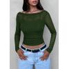 imagePRETTYGARDEN Womens Long Sleeve Sheer Crop Tops Boat Neck See Through Cover Up with Spaghetti Strap Camisole 2 Piece BlousesArmy Green