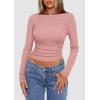 imagePRETTYGARDEN Womens Long Sleeve Sheer Crop Tops Boat Neck See Through Cover Up with Spaghetti Strap Camisole 2 Piece BlousesDusty Pink