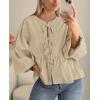 imagePRETTYGARDEN Womens Spring Fall Babydoll Peplum Blouse Shirt Puff Long Sleeve Bow Tie Front Trendy Cute Y2K Going Out TopsSolid Apricot