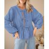 imagePRETTYGARDEN Womens Spring Fall Babydoll Peplum Blouse Shirt Puff Long Sleeve Bow Tie Front Trendy Cute Y2K Going Out TopsSolid Blue