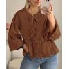 imagePRETTYGARDEN Womens Spring Fall Babydoll Peplum Blouse Shirt Puff Long Sleeve Bow Tie Front Trendy Cute Y2K Going Out TopsSolid Brown