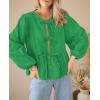 imagePRETTYGARDEN Womens Spring Fall Babydoll Peplum Blouse Shirt Puff Long Sleeve Bow Tie Front Trendy Cute Y2K Going Out TopsSolid Green