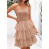 imagePRETTYGARDEN Womens Tulle Dress Strapless Tube Top Short Dress Summer Ruffle Tiered Party Wedding Guest DressesKhaki