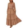 imagePRETTYGARDEN Fall Dresses for Women 2025 Long Sleeve Smocked Square Neck Swiss Dot Tiered Flowy Wedding Guest Maxi DressKhaki