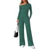 imagePRETTYGARDEN Fall Two Piece Sets For Women 2025 Off Shoulder Tops Long Pants Knit Matching Lounge Set Airport Travel OutfitsDark Green