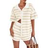 imagePRETTYGARDEN Womens 2 Piece Shorts Sets Casual Summer 2025 Short Sleeve Striped Sweater Set Matching Beach Vacation OutfitApricot