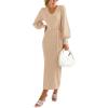 imagePRETTYGARDEN Womens Fall Knit Pullover Sweater Dress Elegant Long Lantern Sleeve V Neck Winter Maxi Bodycon DressesApricot
