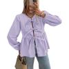 imagePRETTYGARDEN Womens Spring Fall Babydoll Peplum Blouse Shirt Puff Long Sleeve Bow Tie Front Trendy Cute Y2K Going Out TopsSolid Light Purple