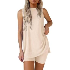 imagePRETTYGARDEN 2 Piece Sets for Women 2025 Summer Matching Lounge Shorts Set Resort Airport Travel Loungewear Outfits ClothingBeige